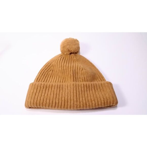 LUXTON Women's Ribbed Cashmere Wool Pom Pom Beanie Hat NIB 220 Camel One Size - Picture 1 of 8